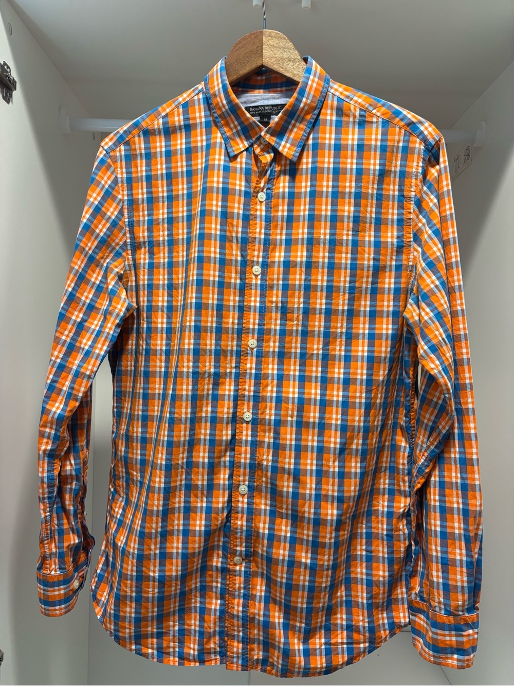Banana Republic Orange and Blue Plaid Cotton Button-Down Shirt